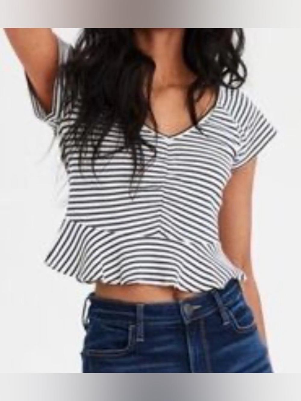 American Eagle Blue & White Striped Peplum Crop Top Size XL V Neck NWT